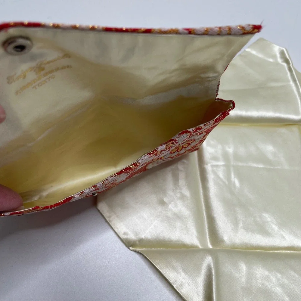 Vintage Taiyo Pearls Tokyo Red Gold Brocade Jewelry Pouch Snap Case Japan